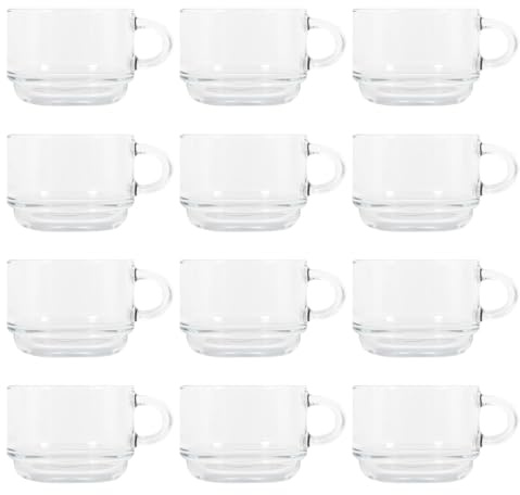 LAV 12x 270ml Cozy Stacking Glass Coffee Cups - Clear - Latte Tea Hot Chocolate Cappuccino Espresso Drinking Mugs Glasses Set with Handle