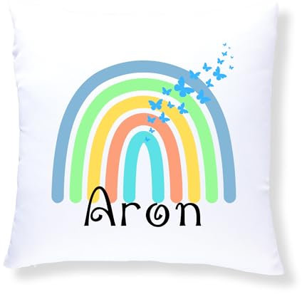 Druckerino Personalisiertes Regenbogen Kuschelkissen 40x40 Kissen für Kinder Geburt Kissen mit Namen, Kinder Kissen Namenskissen (Junge)