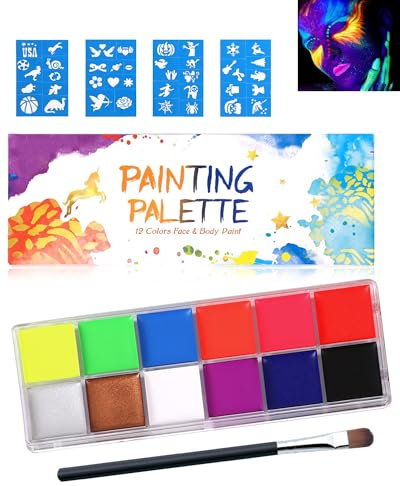 Visage Corps Peinture Kit-12 Couleurs huile sûr Palette Peinture, Peinture Néon Visage UV Glow Body Paint, Maquillage Professionnel Visage et Corps pour Halloween, Mardi Gras, Théâtre, Scène, Film