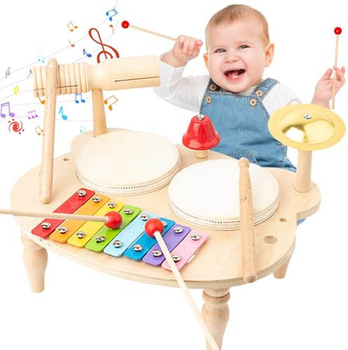 UCAMP Bambini Tamburo Bambino,Strumenti Musicali Batteria,Strumento Educativo A Percussione,10 in 1 Xilofono Giocattolo Musicale Legno,per Bambini Giochi Legno Regalo Bambino 1 2 3 4 5 Anni