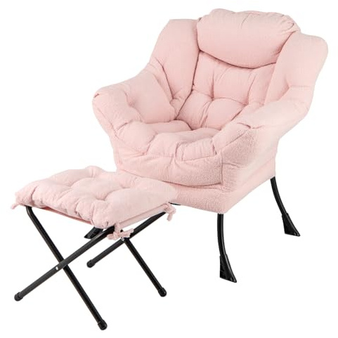 RELAX4LIFE Relaxsessel mit Hocker, moderner Akzentstuhl mit klappbarer Fußstütze, Kopfkissen & Seitentasche, gepolsterter Sessel & Fußstütze für Wohnzimmer, Schlafzimmer & Studentenwohnheim (Rosa)