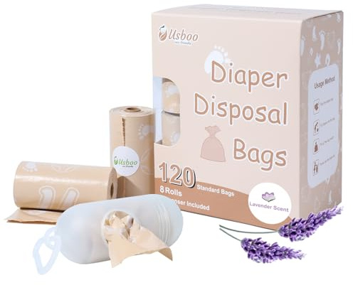 USBOO Diaper Bags Disposable for Baby, Biodegradeable Dirty Diaper Bags (8 Refill Rolls/120 Bags) with Dispenser, Leak Proof Diaper Trash Bags, Baby Poop Bags, Lavender Scent