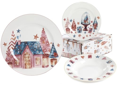 Servicio de platos navideño de 18 piezas con tema de Navidad en porcelana de autor Nàvel 6 fondos Ø 21,6 cm, 6 platos Ø 21,6 cm y 6 platos Ø 26,7 cm con elegante caja litografiada