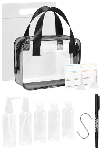 MOCOCITO Kit de Voyage Transparent, Trousse de Toilette Transparent, 5pcs Bouteilles Vides (Max.100ml) + Étiquettes Vierges + Feutres à Encre Permanente