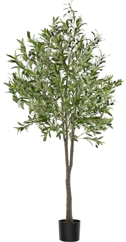 tectake® Konstgjort olivträd med naturtroget look, dekorträd med realistiska oliver & täta blad, underhållsfri inomhusväxt i kruka, stabil & stilren dekoration för hem och kontor - 180 cm