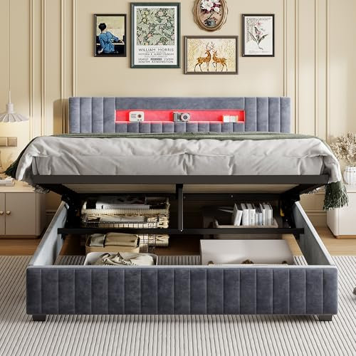MINGZHE Cama de matrimonio acolchada de 160 x 200 cm, con almacenamiento, caja fuerte con LED, baúl con somier de mesa, terciopelo, gris (160 x 200 cm)