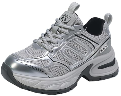 ZaKoonaC Sneaker da donna con suola con plateau da 6,5 cm, traspiranti, comode, scarpe da trekking retrò, argento, 38 EU