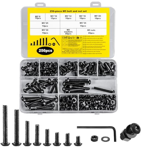 256 Pz Set di Viti M5, Bulloni e Dadi Set, Viti a Testa Bombata con Esagono Incassato, Assortimento di Bulloni a Testa Tonda Cilindrica Esagonale e Dad, Bullone a Brugola Nera con Rondelle + Chiave