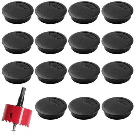 15 Stück Kabeldurchführung Schreibtisch Rund Tischdurchführung Ø60mm mit Lochsäge Schwarz Kunststoff Kabeldurchlass Kabelauslass Set für Büro Arbeitsplatten Home-Office Tisch Kabelmanagement Organizer