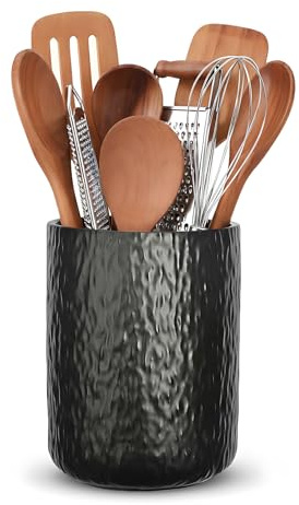 Utensil Holder,H16xD12cm Ceramic Kitchen Utensils Holder,Large Cooking Utensil Pots for Kitchen Counter,Morden Utensil Organizer for Spatula(Black Rock)