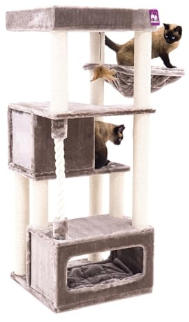 Petrebels Rascador Lodge de 150 cm de alto, con sofá XL, hamaca y cuerda de juego para gatos, para varios gatos, color capuchino