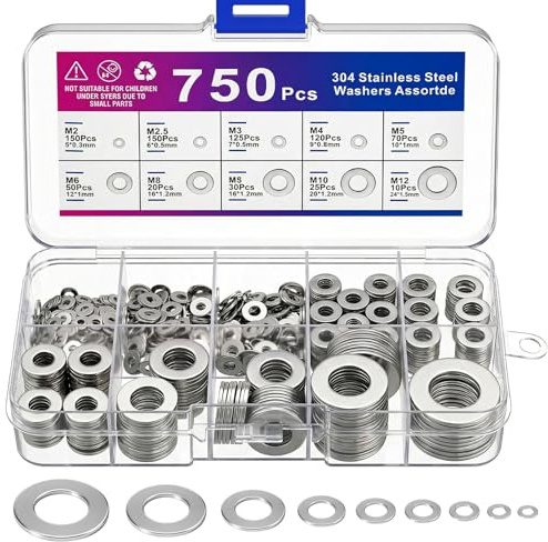 750 Pcs Inox Rondelles Plates Metal, Assortiment de Rondelles de Blocage, Rondelles Plates pour L'étanchéité des Vis Bagues D'étanchéité, 9 Tailles Rondelles (M2 M2,5 M3 M4 M5 M6 M8 M10 M12)
