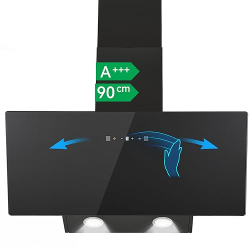 CAZACHEF 90 cm Dunstabzugshaube A+++ Schräghaube, 416 m³/h, 58 dB Leise, 3 Stufen + Boost, Touch- & Gestensteuerung, Abluft/Umluft, inkl. 2× Aktivkohlefilter, LED, Schwarz