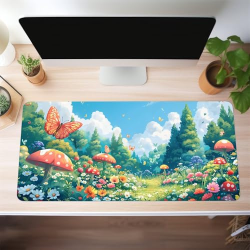 Jiian Gaming Mouse Pad 1500x800x2 mm Large Mouse Mat XXL Mousepad XL Extended Desk Mat with Non-Slip Base and Stitched Edge for Office/Gaming (Butterfly Flowers Mushrooms)