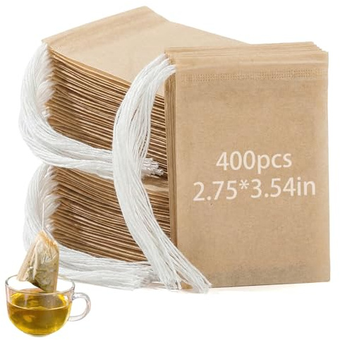 400 Pcs Tea Filter Bags, Disposable Tea Strainers Bags with Drawstring Unbleached Tea Bags Empty Tea Infuser Bags for Loose Leaf Tea and Coffee (3.54 x 2.75 inch)