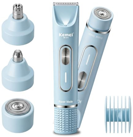 KEMEI Elektrischer Intimrasierer für Frauen 4-in-1,Dual-Head Bikini-Trimmer | Schonender Keramik-Klinge, 90 Min Laufzeit, 3 Köpfen zur Haarentfernung für Augenbrauen/Gesicht/Nase(Blau)