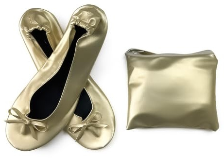 Vikbara, bärbara ballerinaskor för kvinnor, mjuk sula, rullbara tofflor, platta skor för resor, bröllop, med ficka, champagne, 41 EU