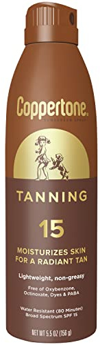 Coppertone Tanning Sunscreen Spray with Broad Spectrum SPF 15, Water Resistant Spray Sunscreen, Lightweight and Non-Greasy, 5.5 Oz