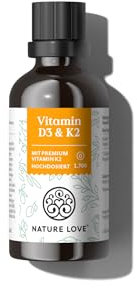 Nature Love Vitamin D3 + K2 (50ml) - Hoch bioverfügbar durch Original K2VITAL® 99,7% all-trans - laborgeprüfte 1000 I.E. Vitamin D und 20 µg Vitamin K2 pro Tropfen - MCT Öl - in Deutschland produziert