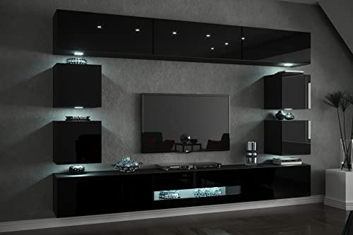 Furnitech Wohnwand Wohnzimmer | Wohnzimmer Möbel mit LED RGB - 16 Farben | Hängend Wohnwand Modern | Wohnzimmer Schrankwand mit Regale und TV Schrank (Future C80-18B-HG1 1A)