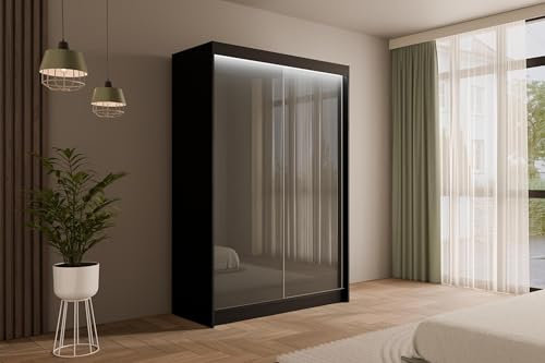 ALTDECOR Kleiderschrank mit Lacobel-Schiebetüren, kugelgelagerte Führungsschienen und Aluminium- Leisten, LED-Beleuchtung (weiß + 16 Farben) und Fernbedienung - PEKA - 150 cm Schwarz/Grau