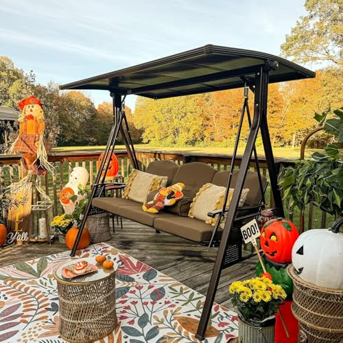 PURPLE LEAF Hollywoodschaukel 3 Sitzer PVC-Hardtop Wasserdicht, Gartenschaukel mit Verstellbares Sonnendach, Schaukel Sonnenbeständig, Beige