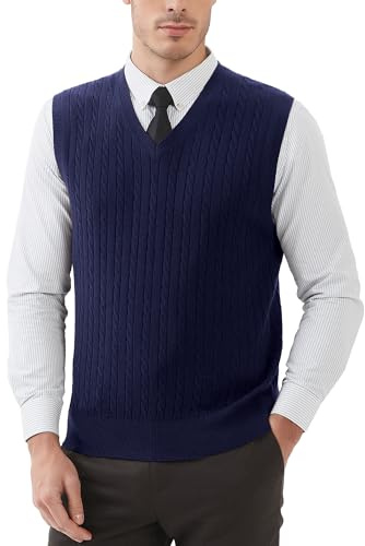 Kallspin Uomo Maglia in Misto Lana Lavorata a Cavo con Scollo a V e Senza Maniche(Blu Navy, XL)