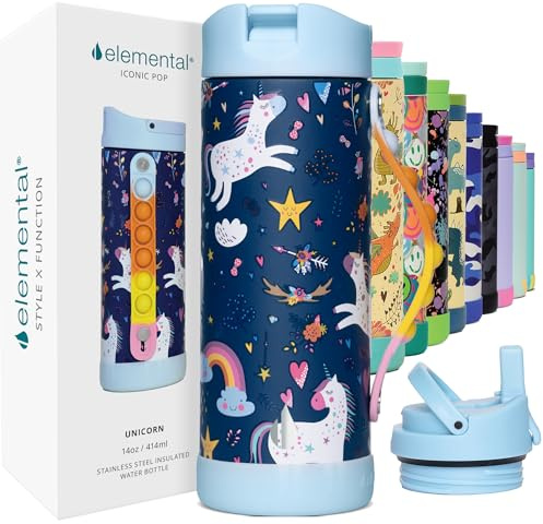 Elemental Iconic 414ml Triple-Wall Insulated Water Bottle with Straw – Sports-Lid & Pop Fidget Handle – Leakproof Stainless Steel Sports Water Bottle for Hot & Cold Drinks – Unicorn