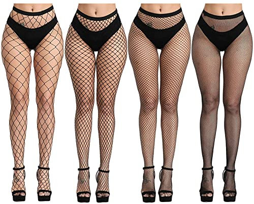 AOMIG Calze a Rete, 4 Pezzi Collant a Rete da Donna Nero Alta Calze Collant, Calze Rete Elastiche Sexy per Adulto Calze a Rete a Vita Alta Include 4 Dimensioni Della Griglia