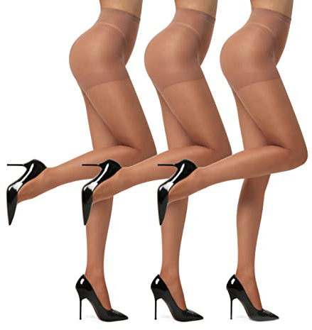 EVERSWE 3 Pairs 20D Women's Sheer Tights with Reinforced Toes (Brown, L)