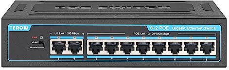 8-Port PoE Gigabit Switch with 2 Gigabit Uplink, 8 PoE+Port 1000Mbps, 96W, 802.3af/at Vlan, Metal fanless Design, Plug-and-Play, Desktop and Home，Ethernet Splitter, Elegant Black Blue