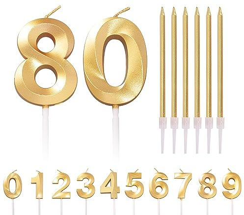 80th Birthday Candles - Number 80 Long Gold Candles for Birthday Cake Toppers