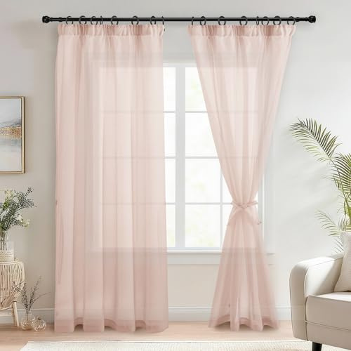 DWCN - Cortinas de gasa con cinta fruncidora estilo lino, 2 piezas, cortinas semitransparentes para salón, cortinas transparentes, rosa suave, 225x140 cm (Altura x Anchura)