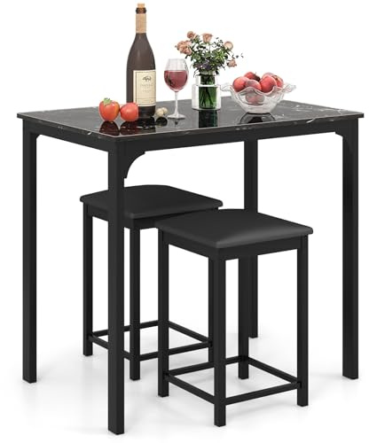 COSTWAY 3-delat matbordsset, barbord set med 2 barstolar, matgrupp med vadderade stolar, köksbord, ståbord med metallram för matsal vardagsrum, 90 x 60 x 82 cm (svart)