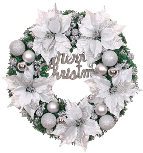 Weihnachten Deko Türkranz, 30-80cm Weihnachtskranz Blume Und Weihnachtskugeln Willkommensschild, Rattan Girlanden Kranz Dekorationen Für Wand, Haustür, Fenster, Kamin, Hochzeitsfeier (Silber,40CM)
