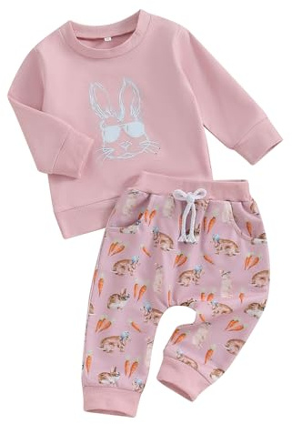 XIXIMAON Easter Baby Clothes Set Toddler Baby Boys Girls Tracksuit Set Bunny Carrot Print Long Sleeve Jumper Long Pants Set 2pcs Kids Rabbit Outfits