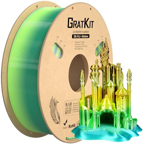GratKit Regenbogen PLA Filament mit Seidenglanz für 1,75mm 3D-Drucker, 1kg Spule, Farbwechsel 3D-Druck Silk-Filament mit +/-0,03mm Präzision, gleichmäßige Wicklung, 1000g Wald Rainbow PLA Filament