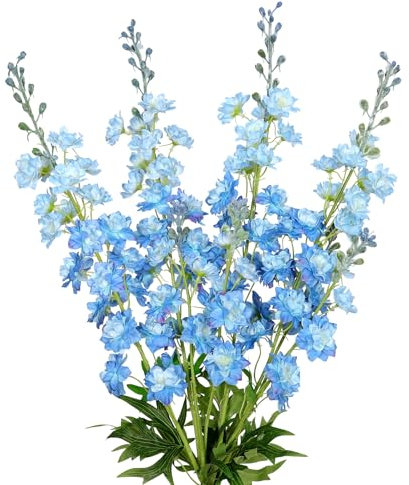 TOCHGREEN Künstliche Blumen aus weißem Rittersporn, 84 cm lang, lebensechte Kunstblumen, Seidenblumen mit Stielen für Zuhause, Garten, hohe Böden, Outdoor, Hochzeitsdekoration, Blau, 4 Stück