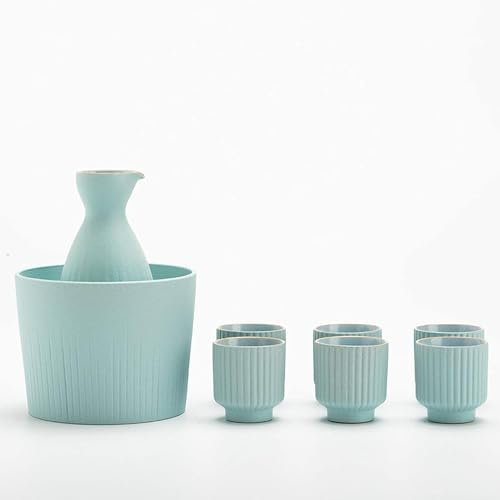 RWRAPS Sake Set and Cups with Warmer,Porcelain Japanese Pottery Hot Saki Drink Set Kit, Include Warming Bowl, Sake Bottle, Sake Cups,Blue,With tray (Blue Without tray)