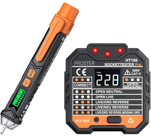 Proster Voltage Tester - Socket Tester Electrical AC Non-Contact Voltage Detector Pen and Plug Socket with Sound and Light Alarm Plug Tester RCD Outlet Socket Kit with LED Flashlight