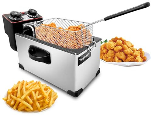 Yangbowan 3L Deep Fryer with Basket for Home, 1300W Electric Small Deep Fryer with Temperature Control, Timer Control, View Window Lid, Stainless Steel Body for Restaurant Use