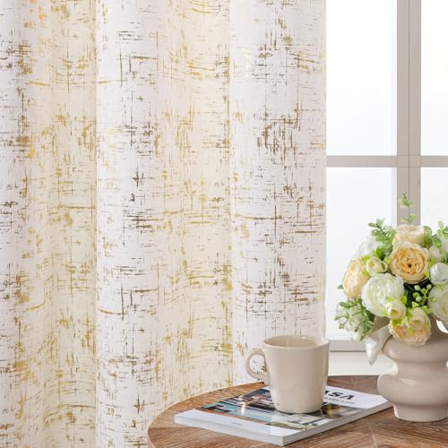 L.Z.E Light Filtering Curtains, Cream Velvet with Gold Design, 69 Inch Drop 275 cm Short Length Eyelet, 2 Panels - 50% Sunlight & Privacy, Elegant Sheer Drapes for Bedroom Living Room
