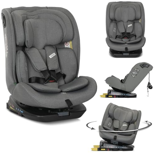 Lorelli Kindersitz drehbar 360 Grad i-Size 40-150cm mit Isofix, Mitwachsender Baby Autositz Rodeo, Gruppe 0+/1/2/3, 0-12 Jahre, 0-36 kg, Auto Babysitz ab Geburt, 5-Punkt-Gurt, Grau