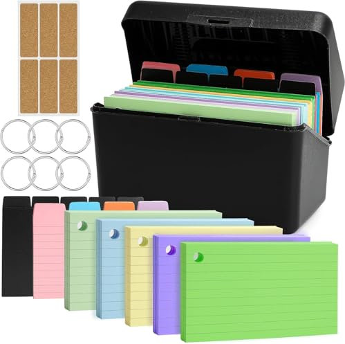 Lernkarteibox Schwarz, Index Box Black, Karteikasten Box, 355 Karteikarten, 5 Trennkarten und 6 Aufkleber, für Unterwegs, Lernen, Notizen, Schule, Büro und Zuhause