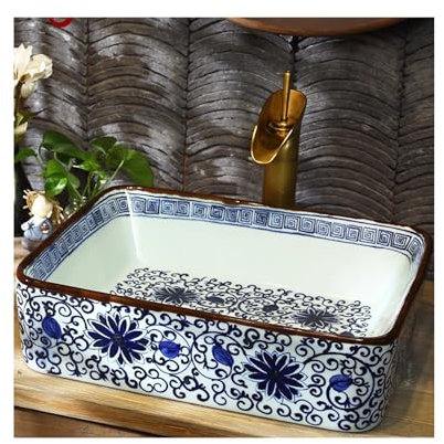 asdchZen Lavabo De Salle De Bain, Vasque À Poser, Motif en Porcelaine Bleue Et Blanche, Lavabo Rectangulaire, A