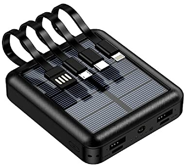 KISUFU Power Bank Solar de 20000mAh con 4 Cables, Imperable Batería Externa para Exteriores con Linterna para Smartphones, Tabletas, Exteriores y Camping (Negro)