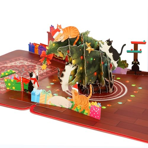 Weihnachtskarte Pop Up mit Umschlag - Weihnachtskarten 3D Weihnachtsbaum & Katze - Pop Up Karte Weihnachten - Christmas Card - Gutschein Weihnachten, Weihnachtsgeschenke für Kinder, Freunde & Familie