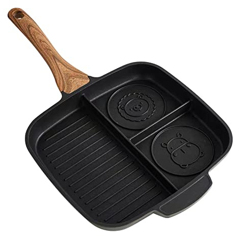 Padella inglese antiaderente per pancake con 2 disegni di animali, manico in legno, compatibile con fornelli a fiamma aperta e induzione