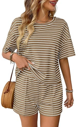 DONYKARRY Dam tvådelade korta set rund hals kortärmad kjol passar för sommarkläder lounge-set t-shirts motorcykel kort mode, Khaki, L