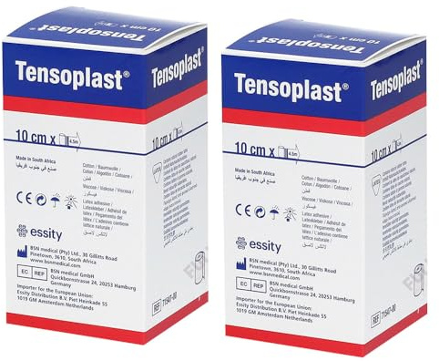 Tensoplast Benda Elastica Adesiva 4,5 m x 10 cm, 2 Pezzi – Benda Compressiva con Bordi Morbidi, Adesivo Poroso e Riga Centrale Gialla, Ideale per Supporto Articolare e Fissaggio di Medicazioni